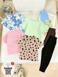 Caja Ciega Conjunto Aleatorio, Conjunto de Camiseta Corta Básica y Leggings con Estampado de Patrón de Conejo Azul y Flor Grande en la Bottom, Estilo Creativo Kawaii Lindo de Moda para Niñas, Estilos Cómodos de Verano y Otoño, Adecuado para el Uso de Niñas en Todas las Estaciones - Multicolor - Ver 2