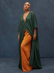 Vixey Solid Textured Woven Low V Neck Drop Shoulder Split Hem Maxi Top, Beach Cover Up, Resort Wear, Beach To Dinner, Vacation Top - Olive Green - View 3