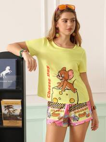 Chillnights TOM & JERRY X SHEIN Cartoon Animation Print Young Fashion Fun Vibrant Women's Pajama Set - Multicolor - View 3