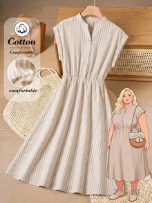 Rusticease Plus Size Striped Notch V-Neck Button Placket Casual Summer Dress Vacation Outfits For Women Beach Going Out Holiday - Multicolor - View 3