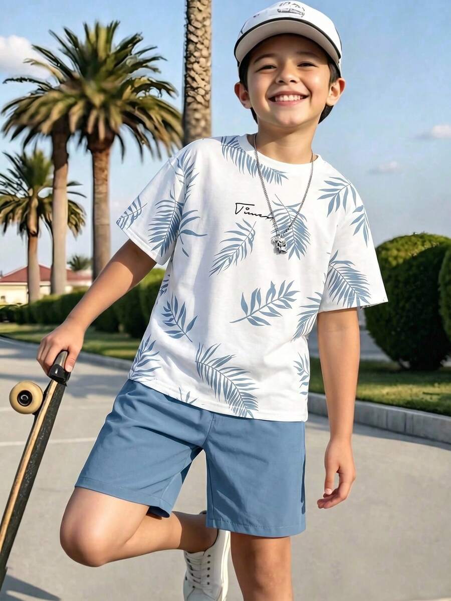 兒童青少年男孩休閒舒適時尚簡約圓領短袖T恤與短褲套裝，圖案配色套裝，度假舒適可愛