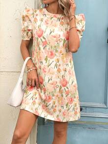 SHEIN LUNE 女款休閒碎花短袖短洋裝，適合夏季度假、通勤與日常穿搭的基礎時尚款 - 粉色 - 查看 3
