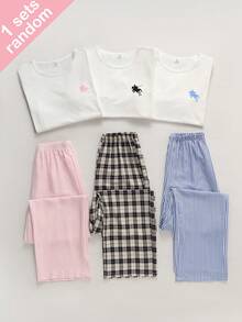 【隨機發送1套】女童短袖上衣＋長褲睡衣套裝，簡約休閒居家服，小馬刺繡，粉色、黑色、藍色多色配色，胸前印小馬圖案，柔軟面料，舒適寬鬆版型，泡泡克雷普面料長褲，清新休閒兩件式居家睡衣 - 彩色 - 查看 6