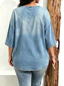 EMERY ROSE Plus Size Women Casual Minimalist Full Print Print Drop Shoulder T-Shirt, Suitable For Summer - Multicolor - View 2