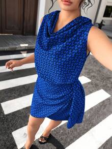 SHEIN Clasi Plus Size Women's Woven Printed Ruched Neck Asymmetrical Tie Elegant Summer Sleeveless Vacation Dress Formal Evening Blue - Blue - View 4