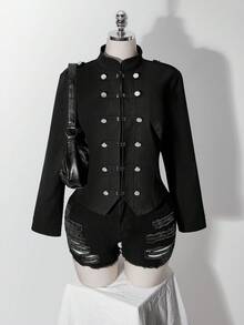 SHEIN ICON Women's Plus Size Distressed Washed Double-Breasted Jacket Fall - Black - View 4
