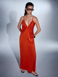 MERLEAU Robe sexy à bretelles spaghetti et col en V profond de couleur unie pour femmes - Rouge - Voir 4