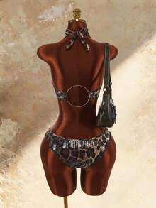 Amplova Women's Sequin Shiny Leopard Print Swimsuit Set With Ring Back Sexy Detail Beach Party Brown Zebra Print Summer - Brown - View 5