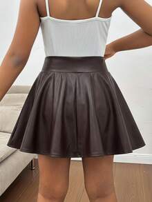 SHEIN Tween女孩純色PU皮革時尚百搭秋季裙 - 咖啡棕 - 查看 5