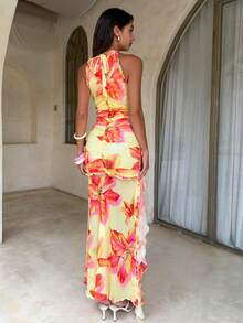 Aloruh Women's Elegant Tropical Vacation Casual Orange And Yellow Print Dress, Ruffle Hem Long Beach Holiday Summer - Multicolor - View 3