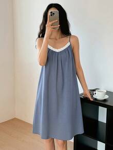 DAZY Lace Patchwork Sleeveless Polka Dot Print Midi Dress, Women Summer Nightgown Pajamas - Blue - View 1