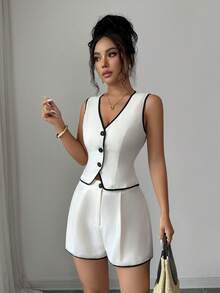 SHEIN Clasi 2026 Spring/Summer Women's Black And White Colorblock Sleeveless Blazer Vest + Wide Leg Shorts Suit Set Teachers' Day Brunch Business Casual - Apricot - View 5