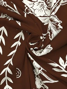 Linhara 時尚休閒度假復古優雅通勤 3/4 袖藍色印花襯衫 - 咖啡棕 - 查看 3