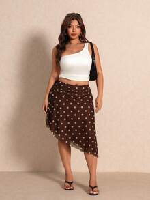 Elaquor Plus Size Summer Casual Polka Dot Print Asymmetric Hem Skirt - Coffee Brown - View 4