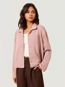 SHEIN BASICS 女款春秋休閒純色輕便夾克 教師節辦公日常穿搭 灰粉色 - 珊瑚粉 - 查看 1