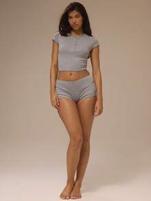 MUSERA Set Piyama 2 Potong dengan Detail Kancing Depan, Pakaian Santai, Lingerie, Pakaian Dalam Sehari-hari, Pakaian Dalam Seksi untuk Musim Panas - Grey - View 5