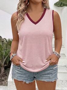 EMERY ROSE Women's Spring/Summer New Hot-Selling Striped Print Pattern Contrast Trim Design Casual Versatile Plus Size Tank Top - Multicolor - View 6