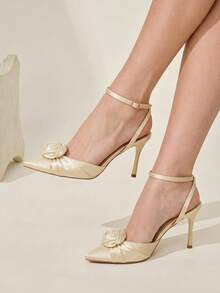 CUCCOO CHICEST Women's Shoes Champagne Pointed Toe 3D Floral Detail Ankle Strap High Heels Elegant Date Wedding Dinner Party - Champagne - View 7