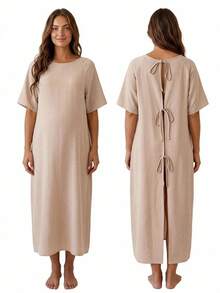 Slowluna Maternity Round Neck Solid Color Casual Daily Wear Dress Loungewear Pajama Nightgown Robe Nursery Spring - Apricot - View 2
