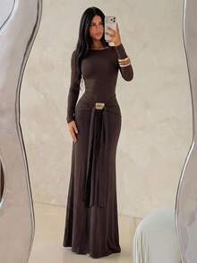 Aloruh Women's Autumn New Backless Fitted Dress, Suitable For Party Night Out, Date, Evening Event, Gathering Dark Brown Sexy - Brown - View 4