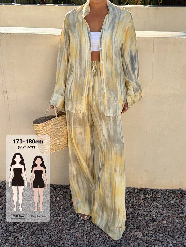 Dazy Tall Women's Tie-Dye Fabric Loose Long Sleeve Shirt And Pants Vacation Style 2 Pieces Set