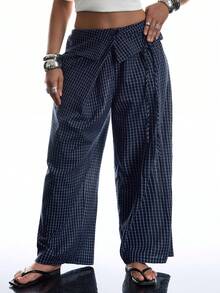 LYSMO Plus Size Fashionable Boho Plaid Wide-Leg Pants For Commuting Beach Vacation Navy Blue Autumn - Navy Blue - View 6
