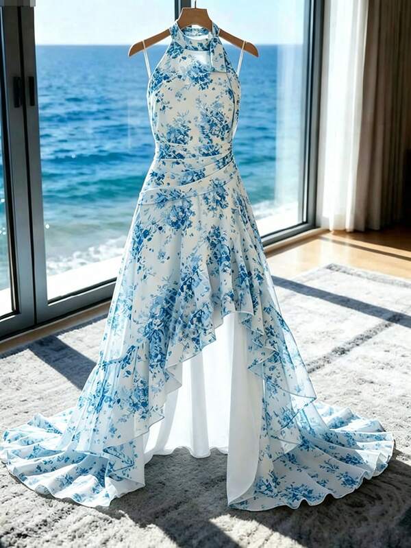 Velvienne Plus Size Women's Elegant Ditsy Floral Asymmetric Ruffle Vacation Dress