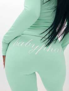 BABYPHAT Plus Size Flare Leg Pants With Cat Logo And Slogan Print, High Waist Bootcut - Mint Green - View 1