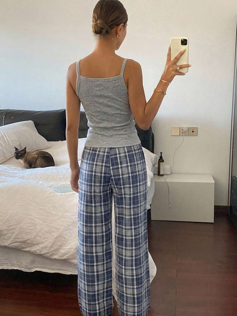 Women's Solid Color Camisole Top And Plaid Long Pants Loungewear Set Summer