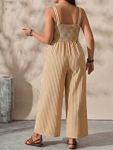 EMERY ROSE Mono casual de vacaciones con cuello cuadrado y rayas para mujer - Café integral - Ver 2