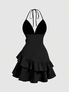SHEIN MOD 女款純色腰部打結荷葉邊下擺時尚掛脖迷你洋裝 - 黑色 - 查看 5