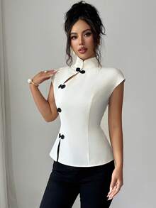 Elenzga Blusa Cheongsam de estilo chino nuevo para mujer, color albaricoque, de satén brillante de color liso, con cuello alto, manga corta, abertura en el cuello delantero, botones de rana en contraste con diseño de gota de agua, bajo con abertura, cintura ceñida, silueta pequeña en A, elegante francesa, vintage, formal, para oficina, desplazamientos, casual, playa, vacaciones, estilo minimalista, versátil, para té de la tarde, reuniones, ocio en casa, cómoda, para fiestas, primavera y verano, nueva blusa de verano - Albaricoque - Ver 6