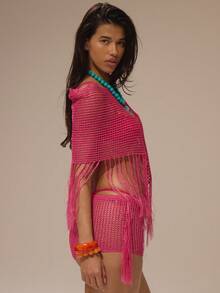 Musera Resort Pink Crochet Knit Off Shoulder Fringed Poncho - Hot Pink - View 3