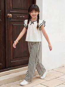 SHEIN Casuvi Kids 2件組女童春夏季新款休閒通勤套裝，波浪條紋編織蝴蝶結裝飾圓領荷葉袖寬鬆杏色上衣搭配簡約百搭黑色編織直筒長褲，日常出遊穿搭 - 彩色 - 查看 4