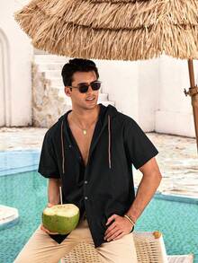 Mercer Haus Men's White Short Sleeve Hooded Button-Up Shirt, Breathable Fabric, Fashionable Layering Piece, Suitable For Casual And Daily Wear In Summer - Black - View 6