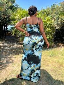 CurvyTilda Plus Size Women's Spring&Summer Elegant Sexy Comfortable Tie-Dye Pattern Slip Dress Homecoming Dress Party Vacation - Blue - View 2
