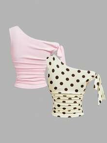 SHEIN MOD 2件組女款不對稱領口打結設計抓皺上衣 - 彩色 - 查看 4