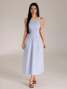 SHEIN PETITE Spring/Summer Blue And White Striped Sleeveless A-Line Long Dress – Fresh Casual Coastal Tropical Style, Elegant Women's Picnic Brunch Vacation Resort - Aqua Blue - View 3