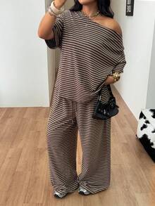 Coolane Brown Striped Knit Women's Plus Size Asymmetrical Shoulder T-Shirt And Pants Set - Mocha Brown - View 4