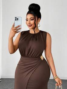 Maweii Plus Size Women Sleeveless Round Neck Metal Waist Midi Dress - Coffee Brown - View 5