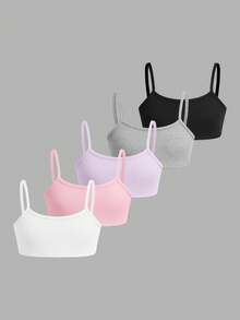 Girlism Tween Girl Tween Girls Undershirt 5pcs Spring/Summer New Knit Ribbed Multi-Color Solid Simple Soft Skin-Friendly Children Student Puberty Innerwear 5-Piece Set, Autumn/Winter Layering - Pink - View 5