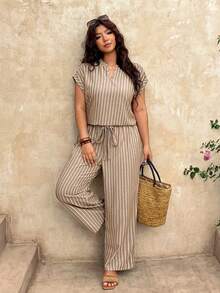 SHEIN Frenchy Plus Size Summer Casual Striped Shirt And Pants 2 Pieces Set - Khaki - View 8