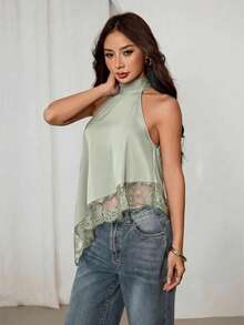SHEIN PETITE 不對稱高領露背蕾絲飾邊細肩帶上衣，優雅無袖上衣，適合晚宴、雞尾酒會、正式場合、度假、夜生活、婚禮賓客，夏秋穿著，露肩風格 - 軍綠色 - 查看 6