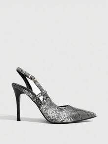 CUCCOO SZL Women's Spring/Summer Black & White Snake Print Colorblock Metal Buckle Pointed Toe Stiletto High Heels For Commuting And Dating Fall Shoes - Black and White - View 2
