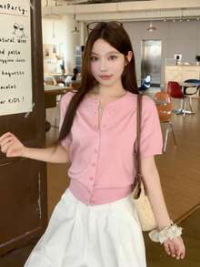 DAZY 女款素色單排扣休閒百搭日常短袖開襟衫 - 粉色 - 查看 7