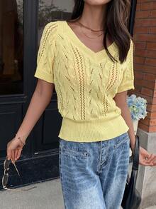 Yunfilé Women's Hollow-Out Twist Knit Pale Yellow Top, Summer Brunch Casual - Yellow - View 3