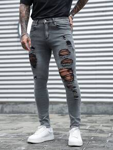 Manfinity LEGND 男士休閒水洗做舊修身牛仔褲 - 灰色 - 查看 3