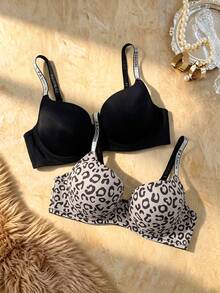 Bare Chapter 2 piezas Sujetador con aros y push up de talla grande con estampado de leopardo y tirantes con cristales lavables, que levantan - Multicolor - Ver 1