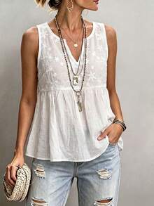 Yunfilé Summer Casual Boho Floral Textured Open Collar Camisole V-Neck Blouse Vacation White Floral - White - View 7