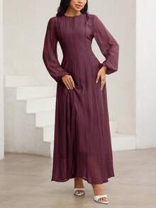 Veilorie 3/4 Sleeve High Neck Ruched Waist Elegant Versatile Dress - Red Violet - View 8